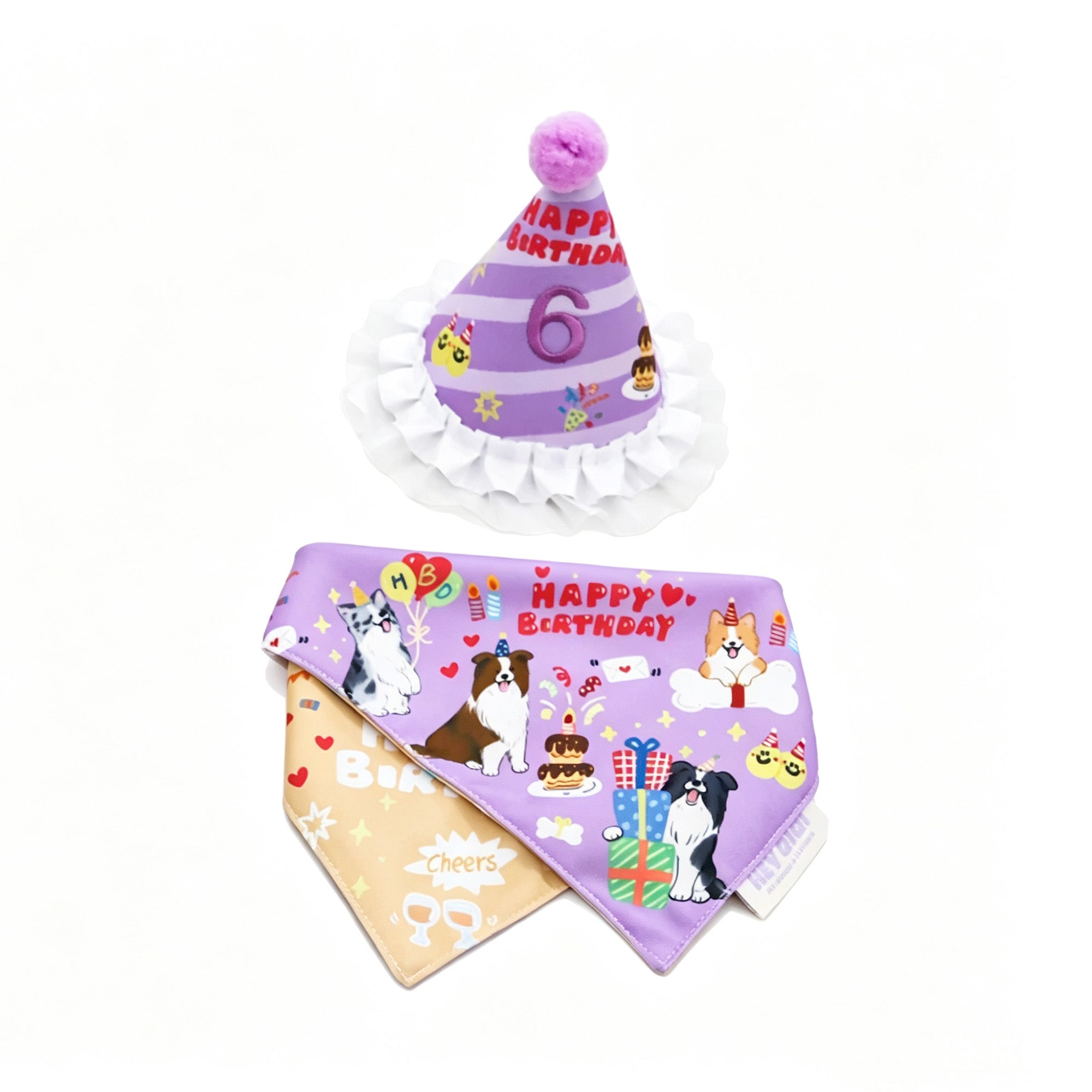 Purple reversible dog birthday bandana and custom number party hat by Gravipaw