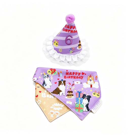 Purple reversible dog birthday bandana and custom number party hat by Gravipaw
