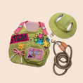 Load image into Gallery viewer, Green corduroy cat harness vest with sun hat and braided rope leash laid flat on white background

