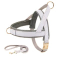 Load image into Gallery viewer, Grey and white leather mesh dog harness with matching leash flat lay on white background
