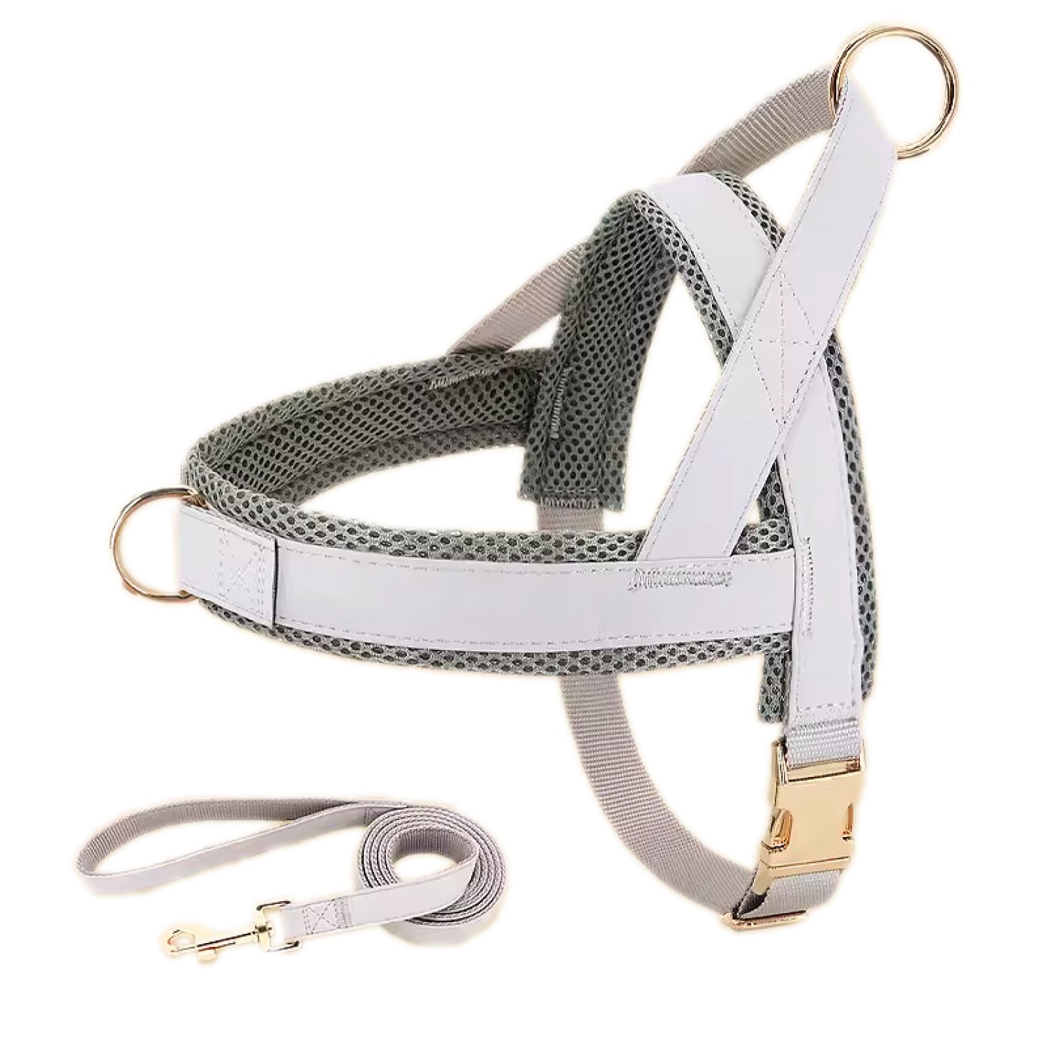 Grey and white leather mesh dog harness with matching leash flat lay on white background