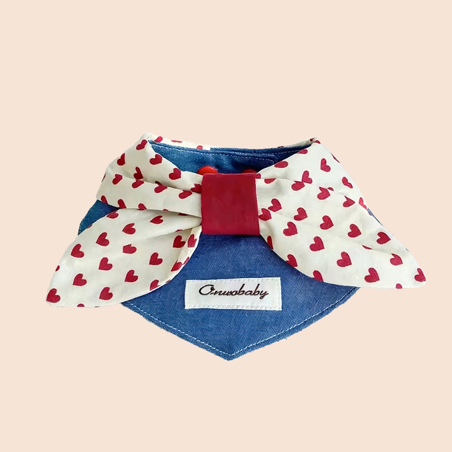 Heart bow pet collar with red heart pattern and denim base for cats and dogs