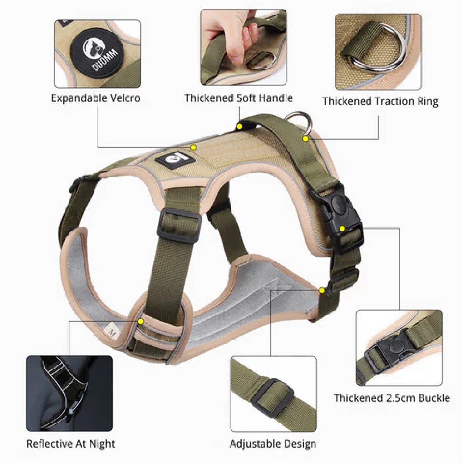 Olive green tactical dog harness diagram showing expandable velcro thickened soft handle traction ring reflective strips and adjustable 2.5cm buckle