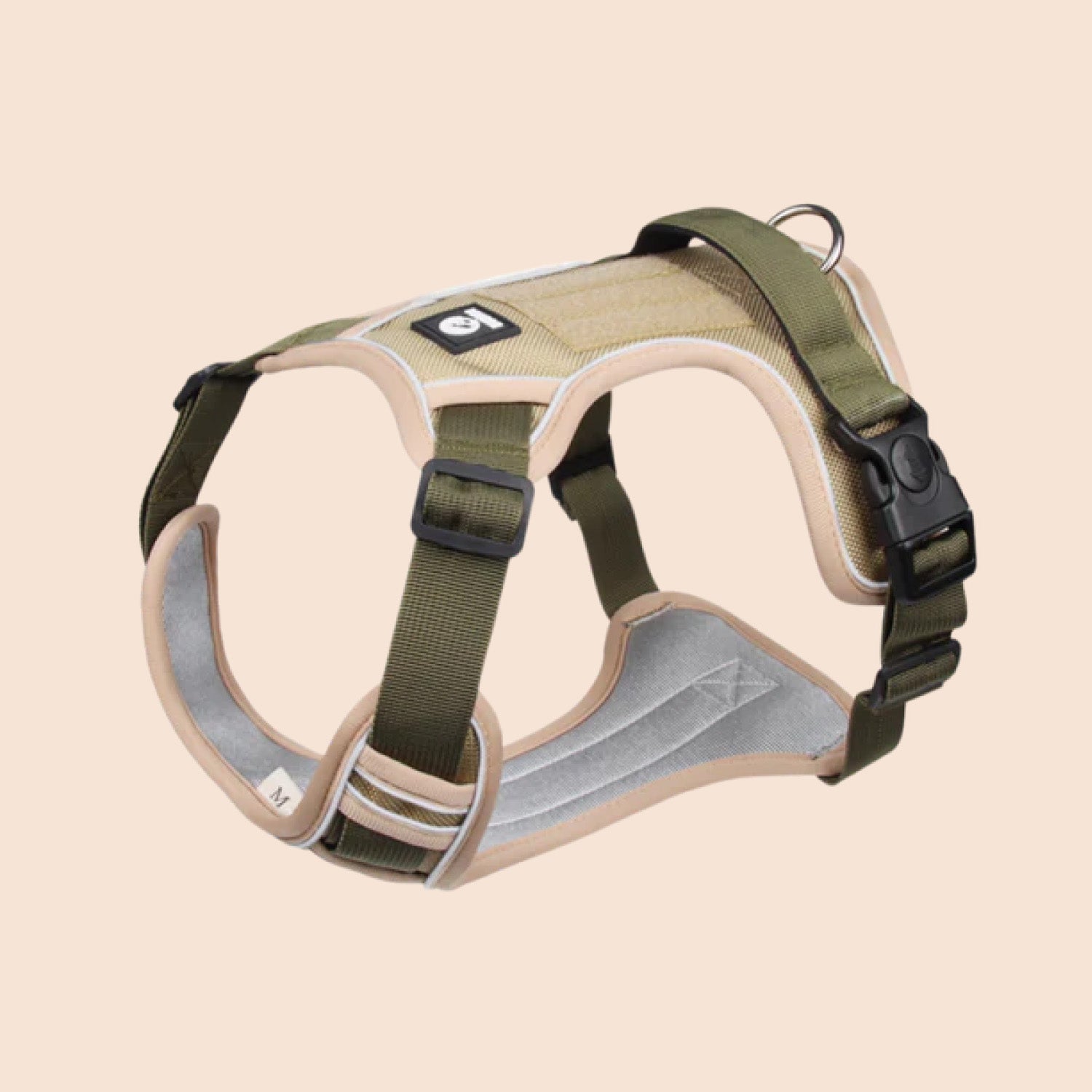 Olive green heavy duty no pull tactical dog harness with padded chest panel and top handle laid flat on white background