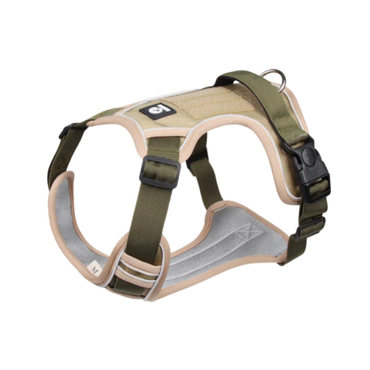 Olive green heavy duty tactical dog harness front view flat lay showing padded chest panel top handle and all adjustment points