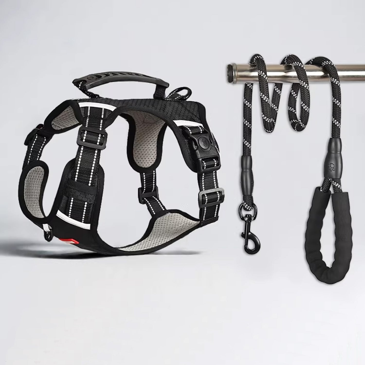 Black heavy duty tactical dog harness and leash set flat lay showing full adjustable design for medium large dogs