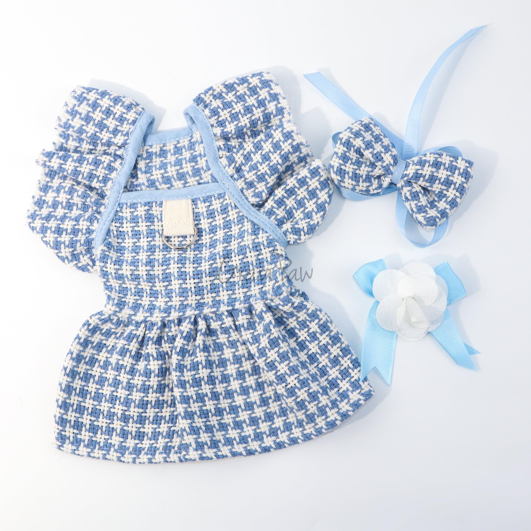 Blue Plaid Pet Dress with Bow