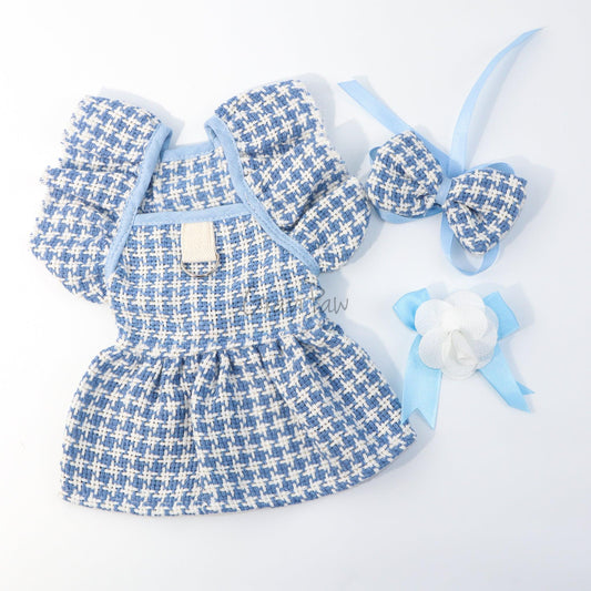 Blue Plaid Pet Dress with Bow