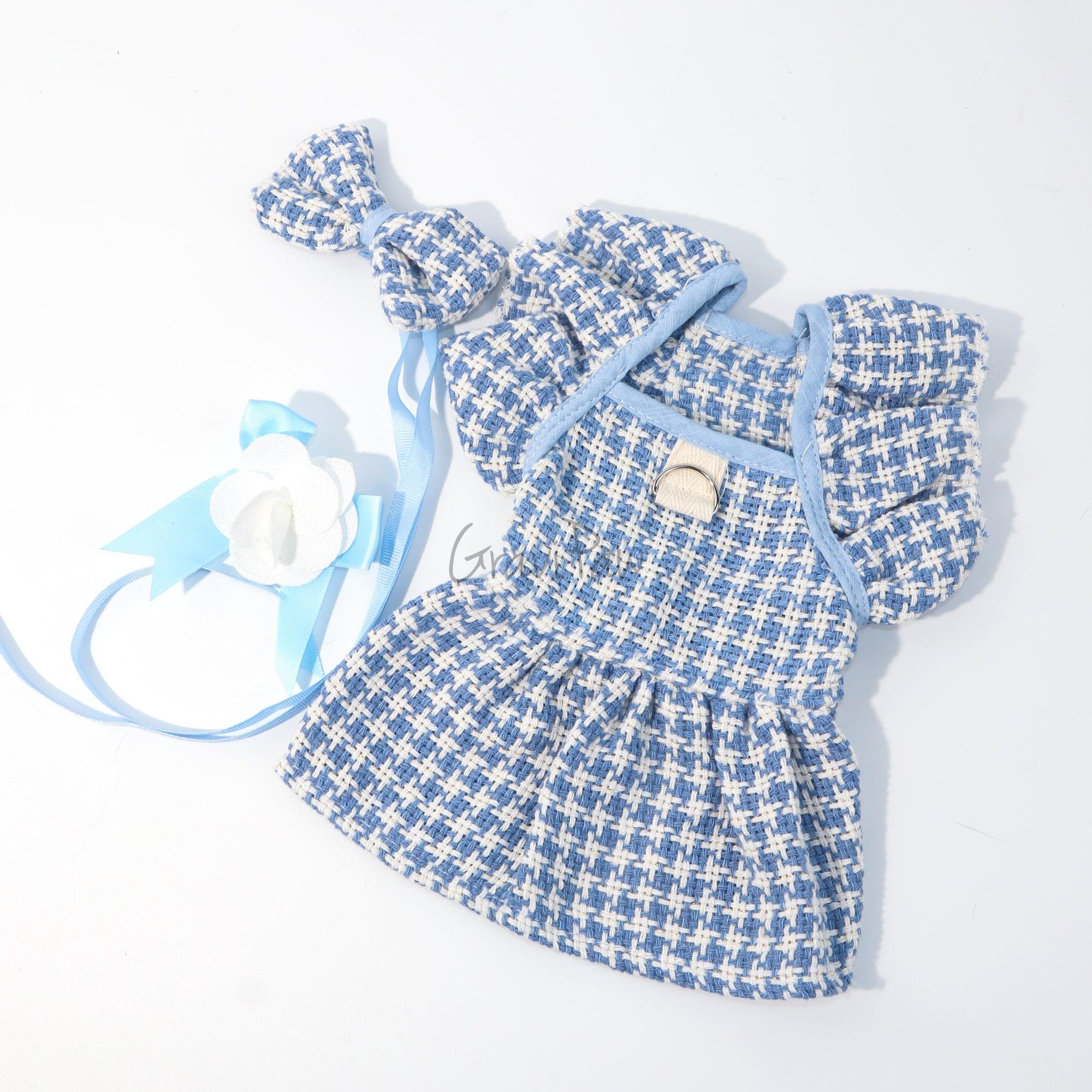 Blue Plaid Pet Dress with Bow