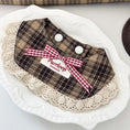 Load image into Gallery viewer, Brown check lace ruffle pet collar with gingham bow styled on plate
