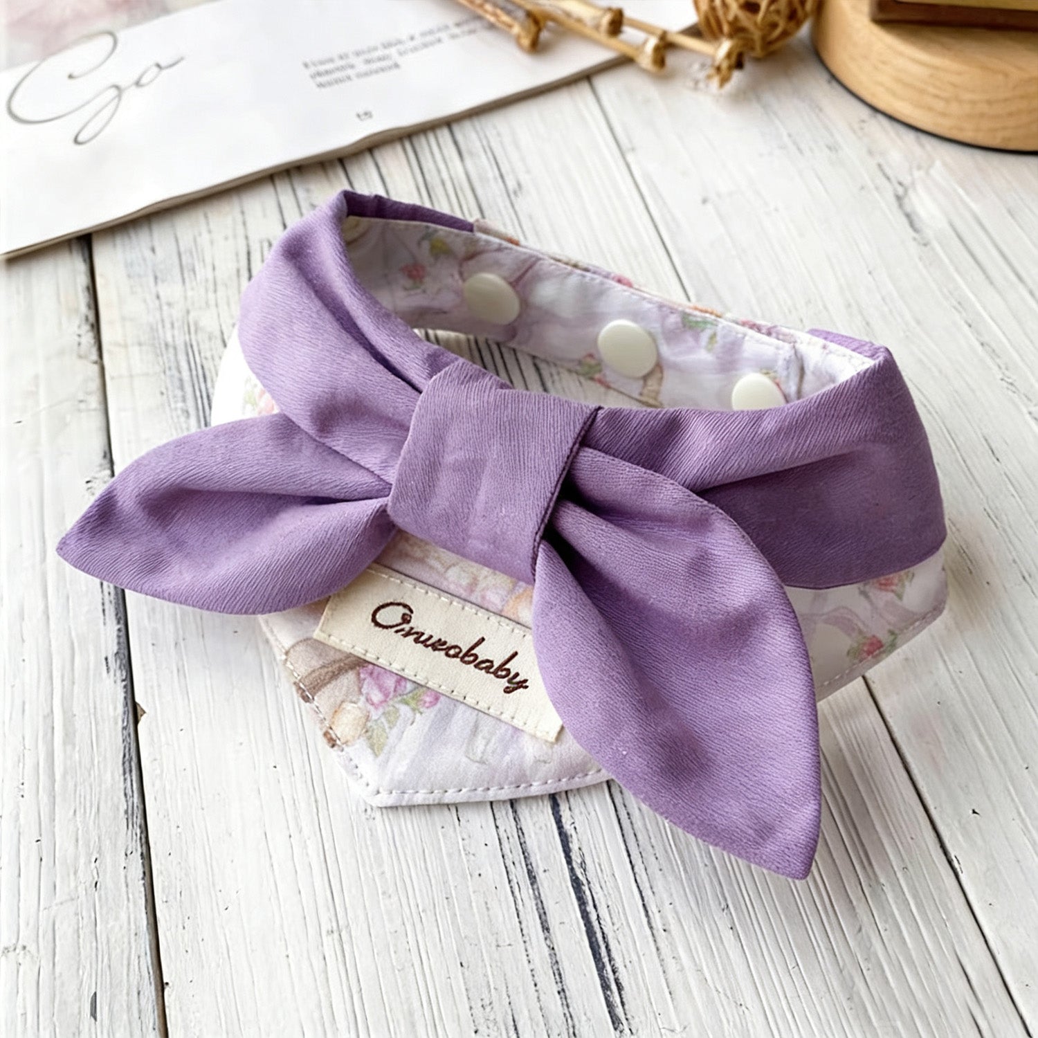 Gentle purple bow bandana pet collar with floral design detail