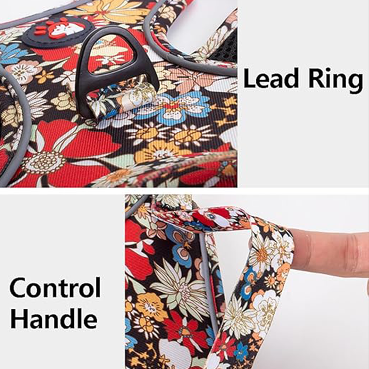 Lead ring and control handle detail on floral anti-pull dog harness