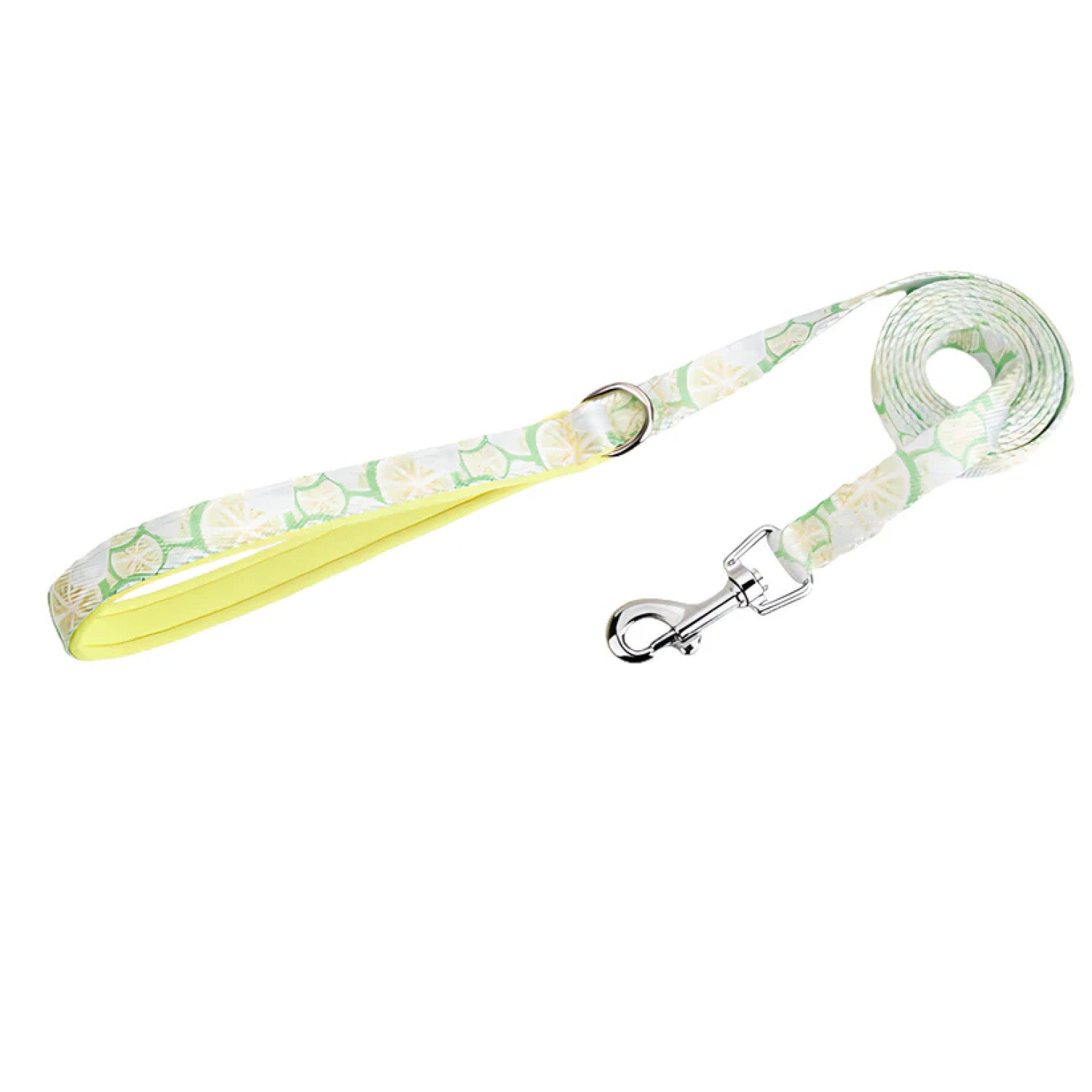Lemon green citrus print dog leash with metal clasp close-up
