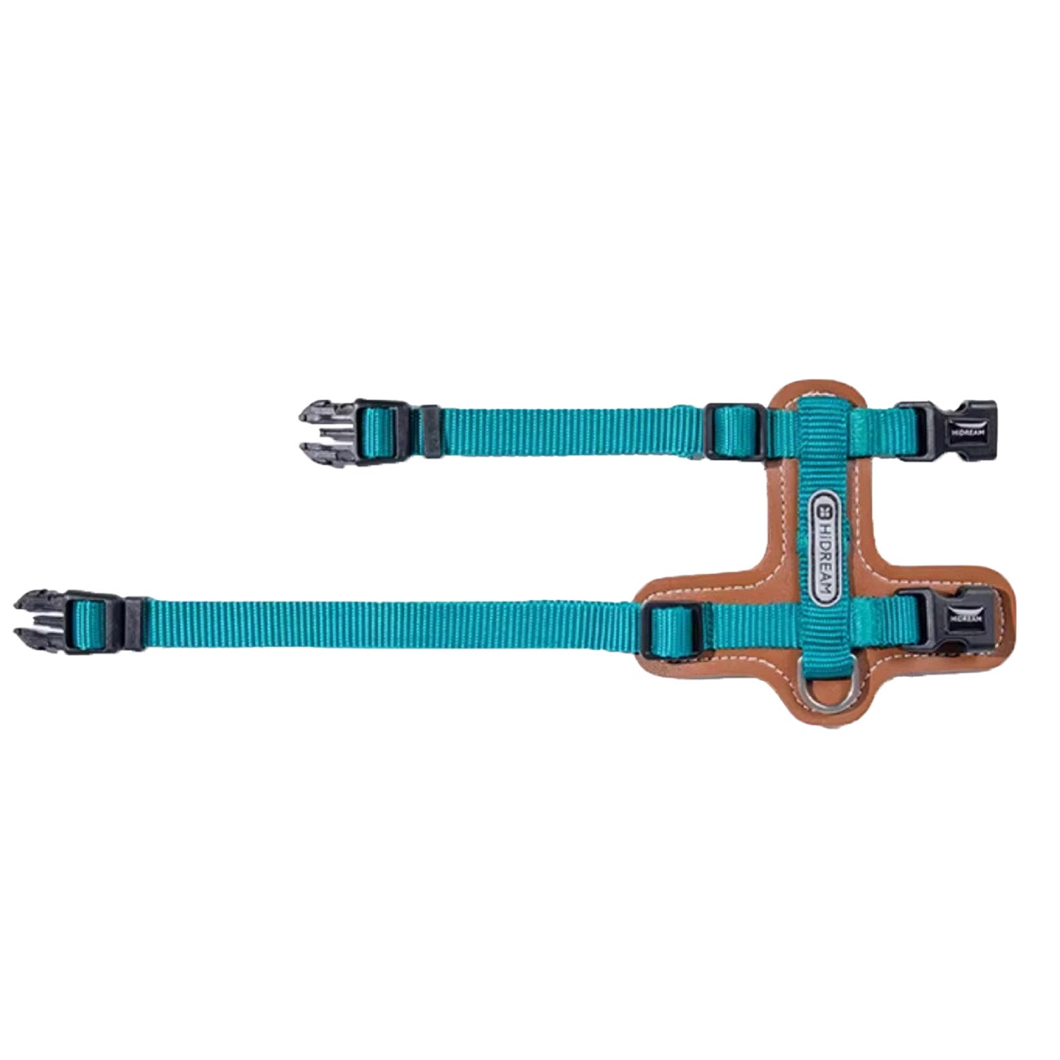 Teal lightweight cat harness with POM safety buckle and nylon straps flat lay