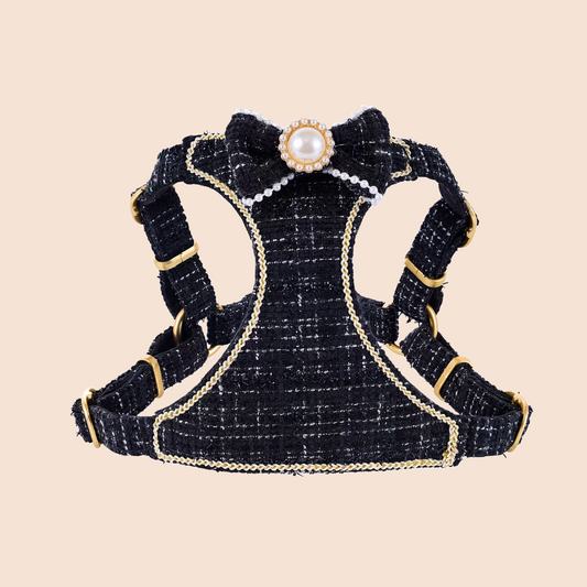 Luxury black tweed dog harness with pearl bow and gold hardware for small dogs