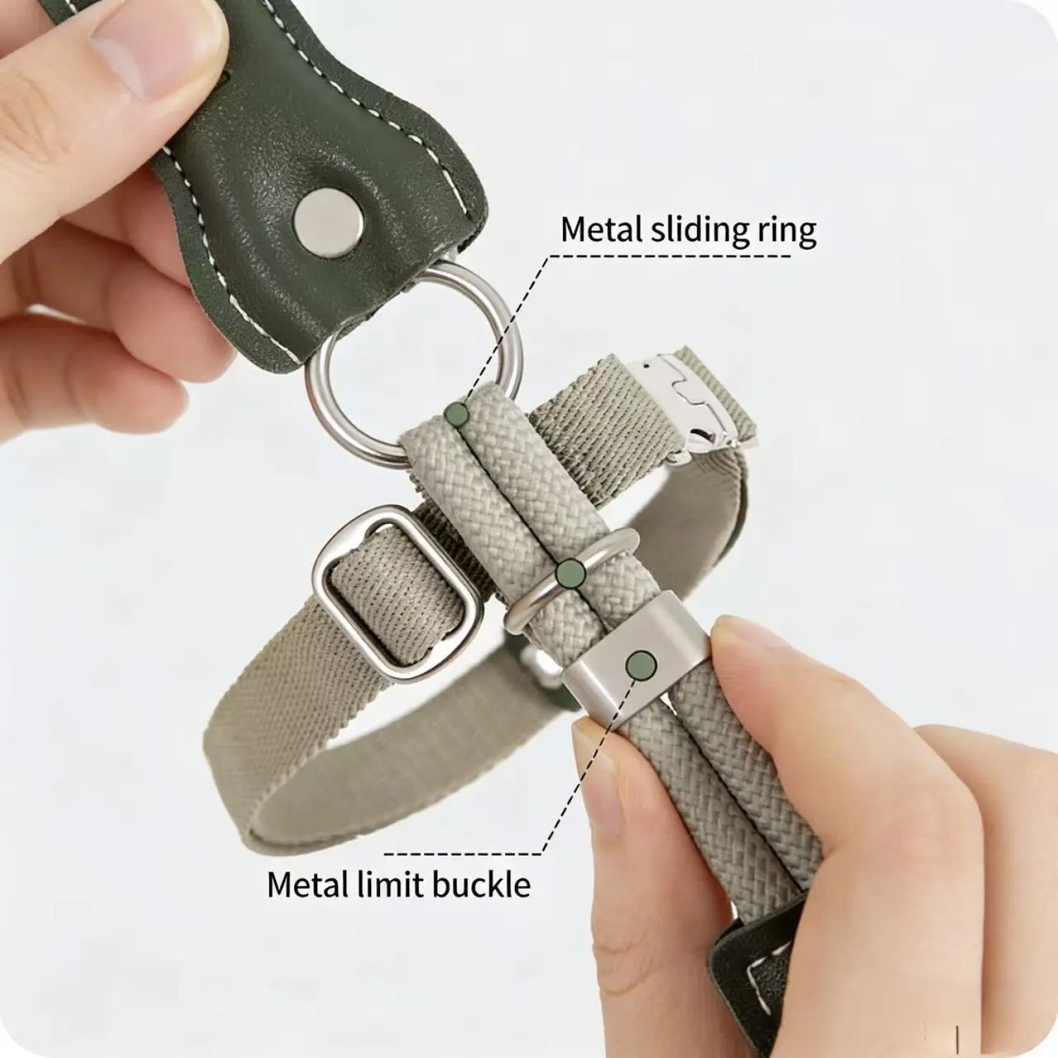 Close up of cat harness showing metal sliding ring and metal limit buckle adjustment points with labels
