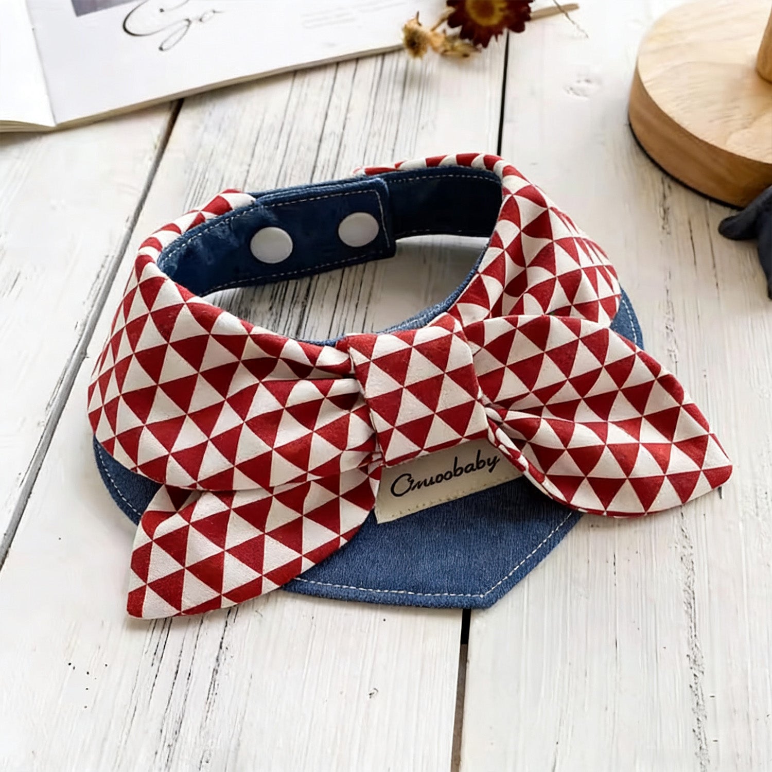 Triangle pattern bow denim bandana pet collar with snap-button closure