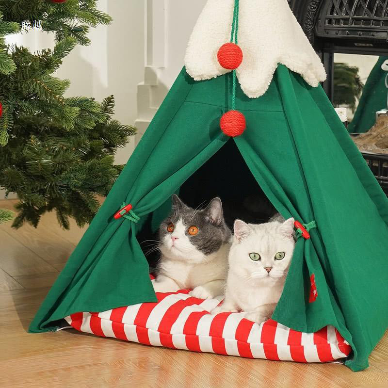 Christmas Cat Teepee – Cozy Holiday Tent Bed with Plush Cushion | Stable Wood Frame | For Cats & Small Pets