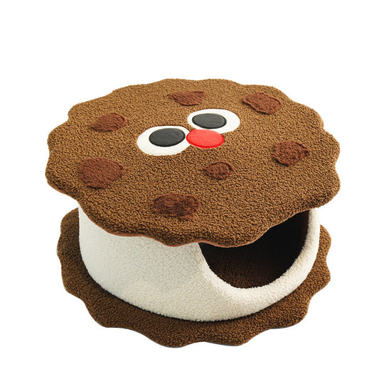 Biscuit-Shaped Cat Cave Bed Lifestyle Shot with Cat Inside Brown Cookie Sandwich Cave Bed | GraviPaw
