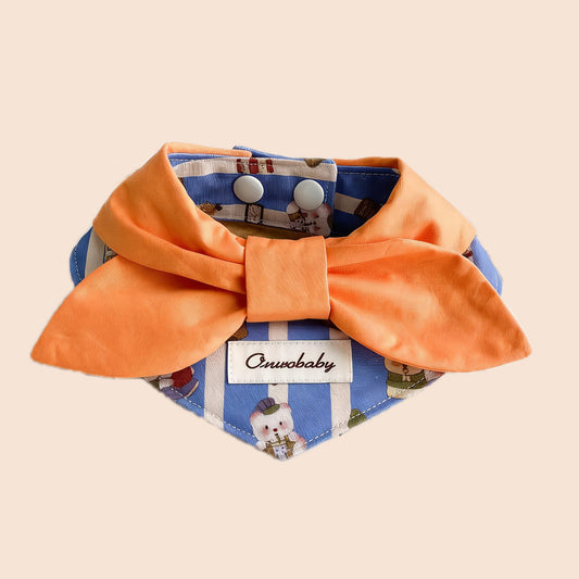 Orange bow denim pet bandana collar with bright orange bow and printed denim for cats and dogs