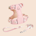 Load image into Gallery viewer, Peach pink breathable mesh dog harness and leash set with fruit print and reflective strips
