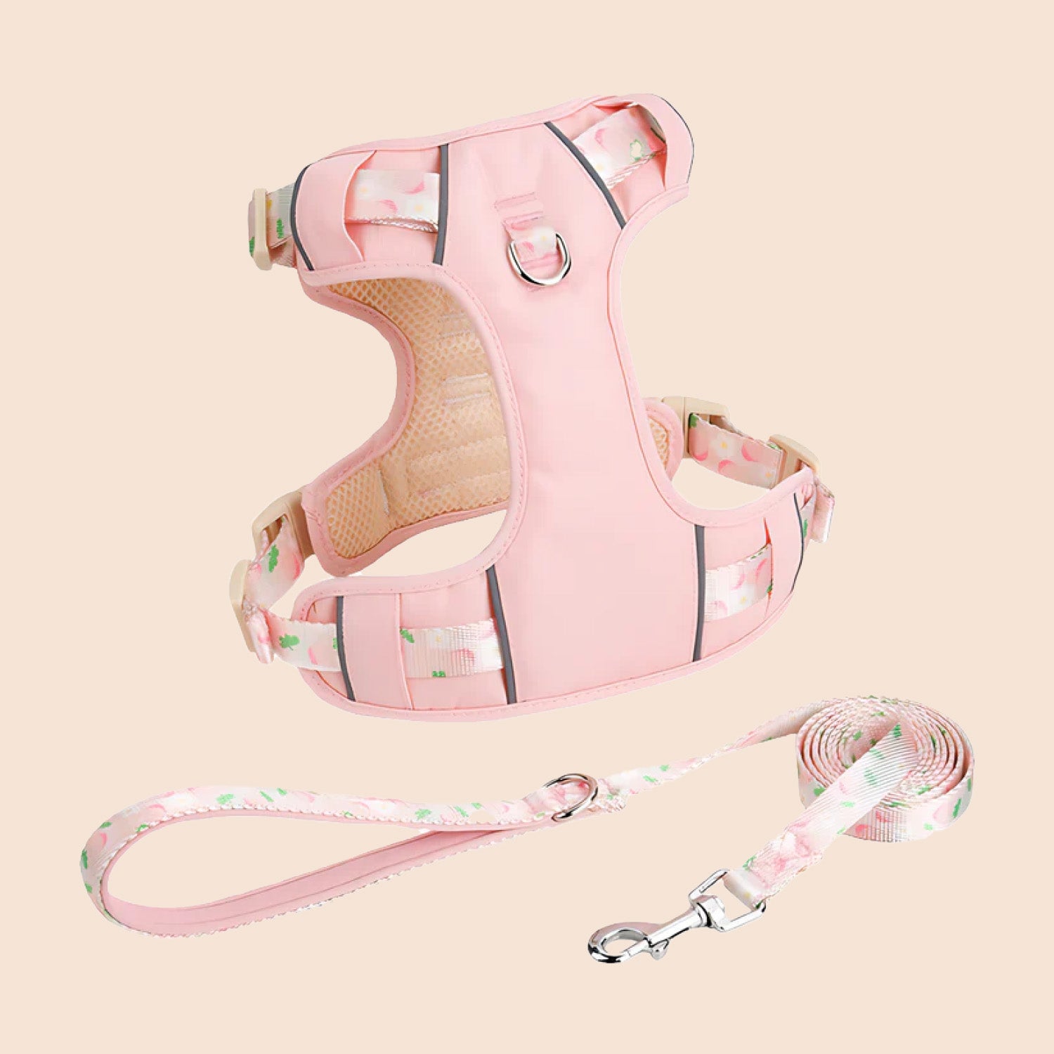 Peach pink breathable mesh dog harness and leash set with fruit print and reflective strips