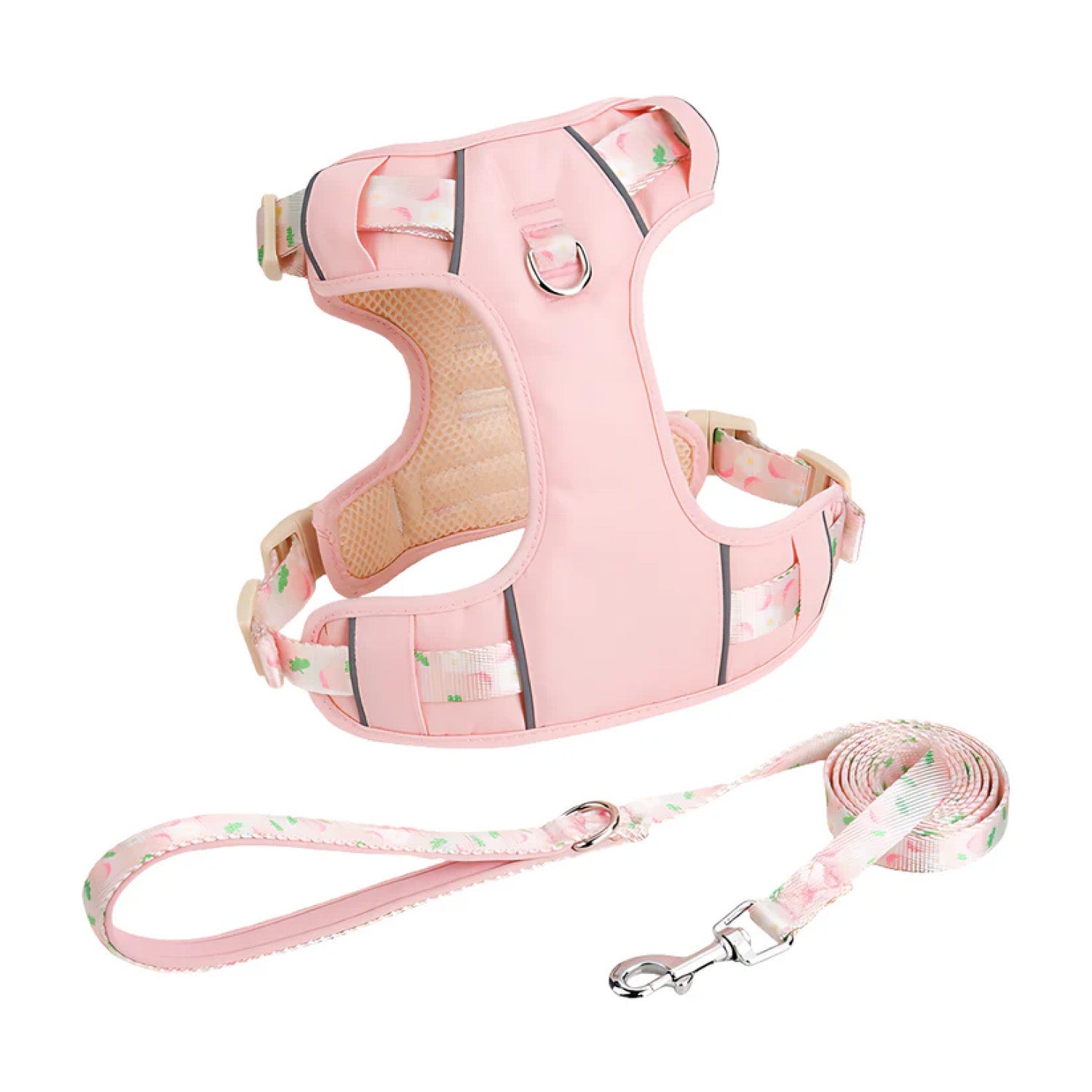 Peach pink mesh dog harness and matching leash set product shot
