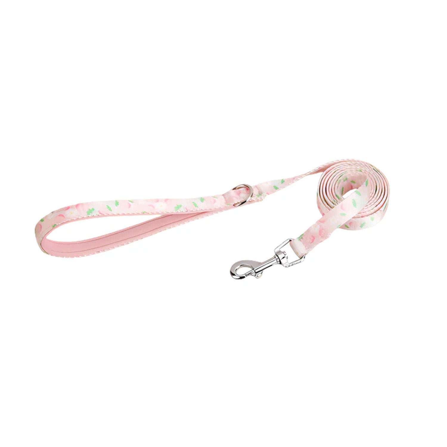 Peach pink fruit print dog leash with metal clasp close-up