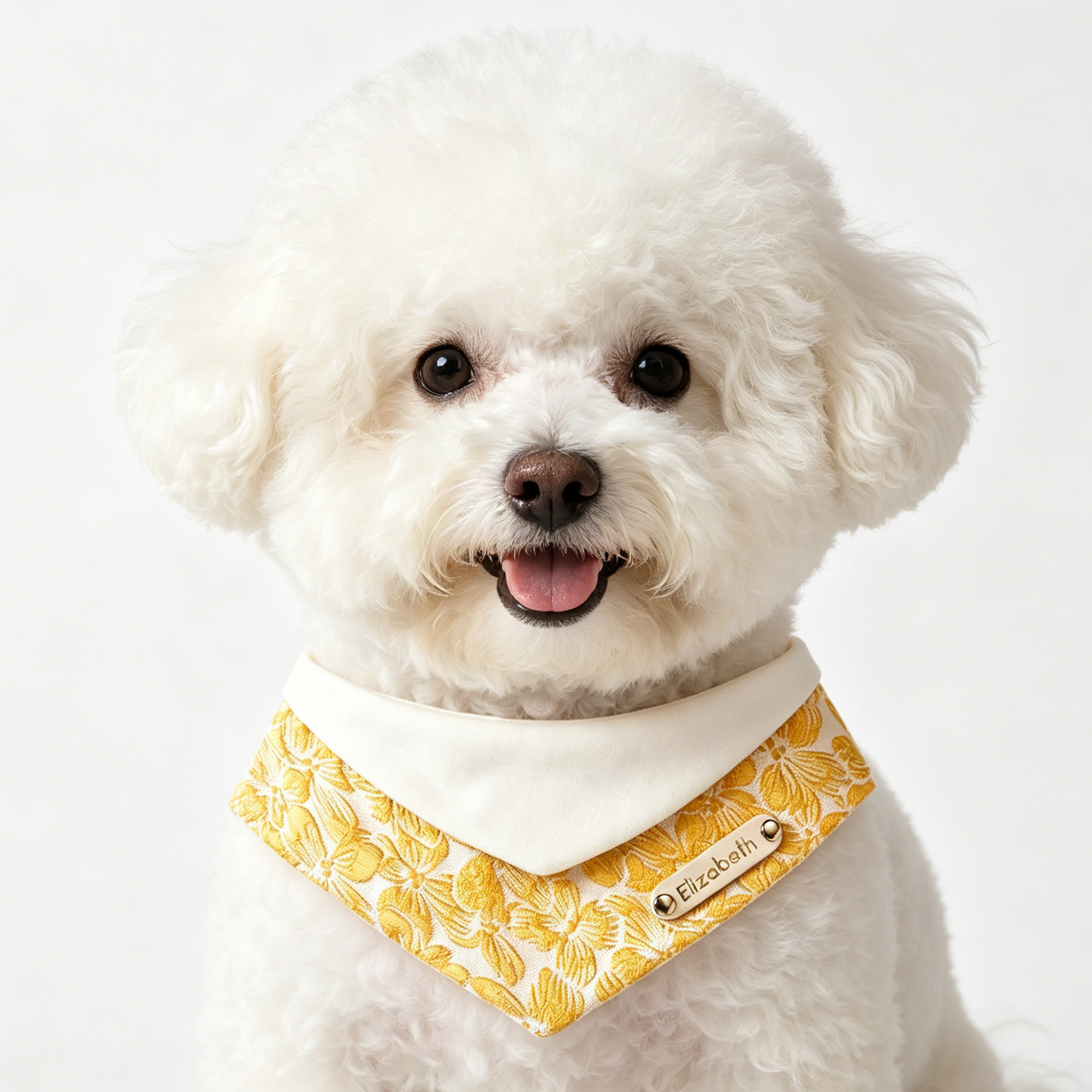 White dog wearing a yellow floral bandana with a name tag on a white background