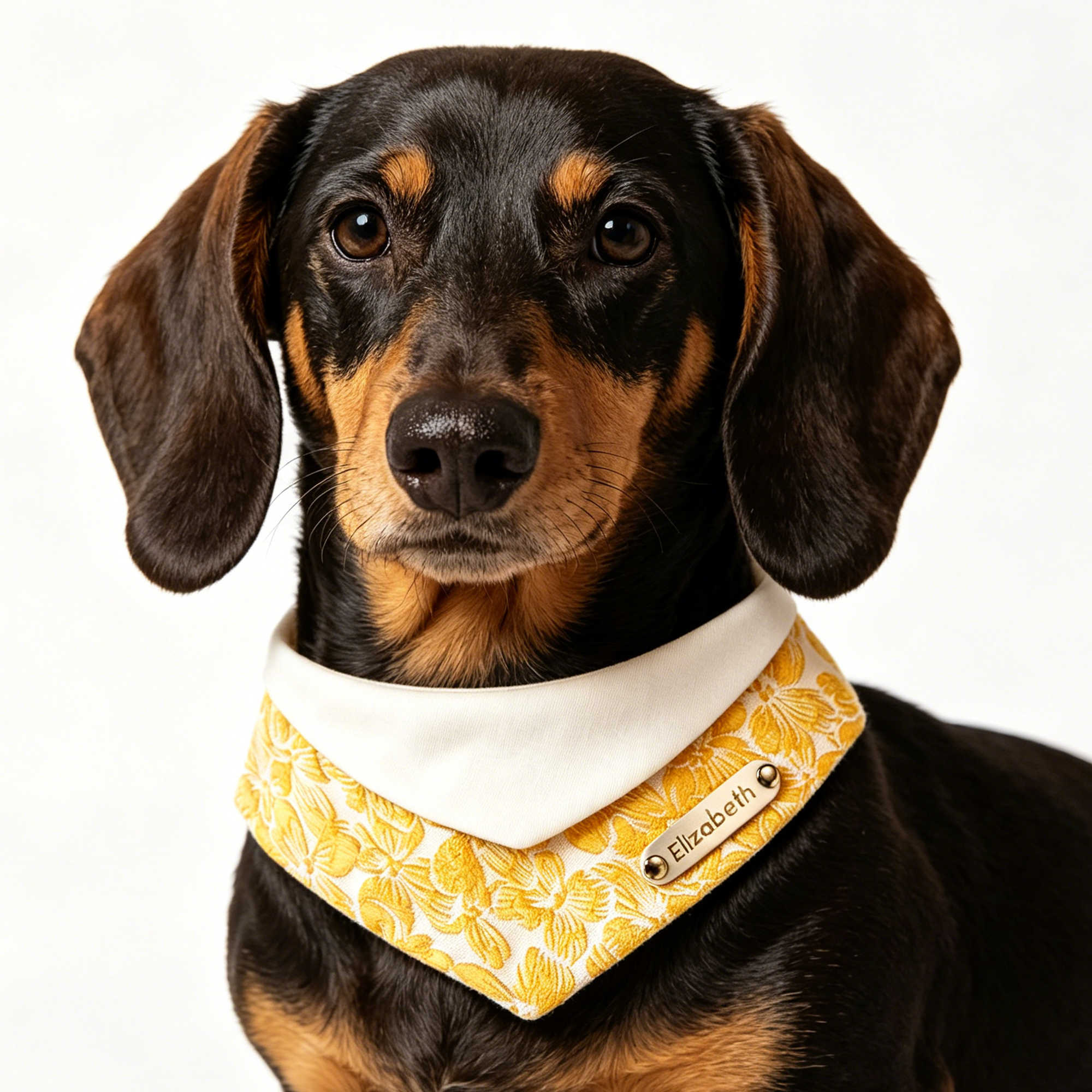Dog wearing a yellow floral bandana with a name tag on a white background