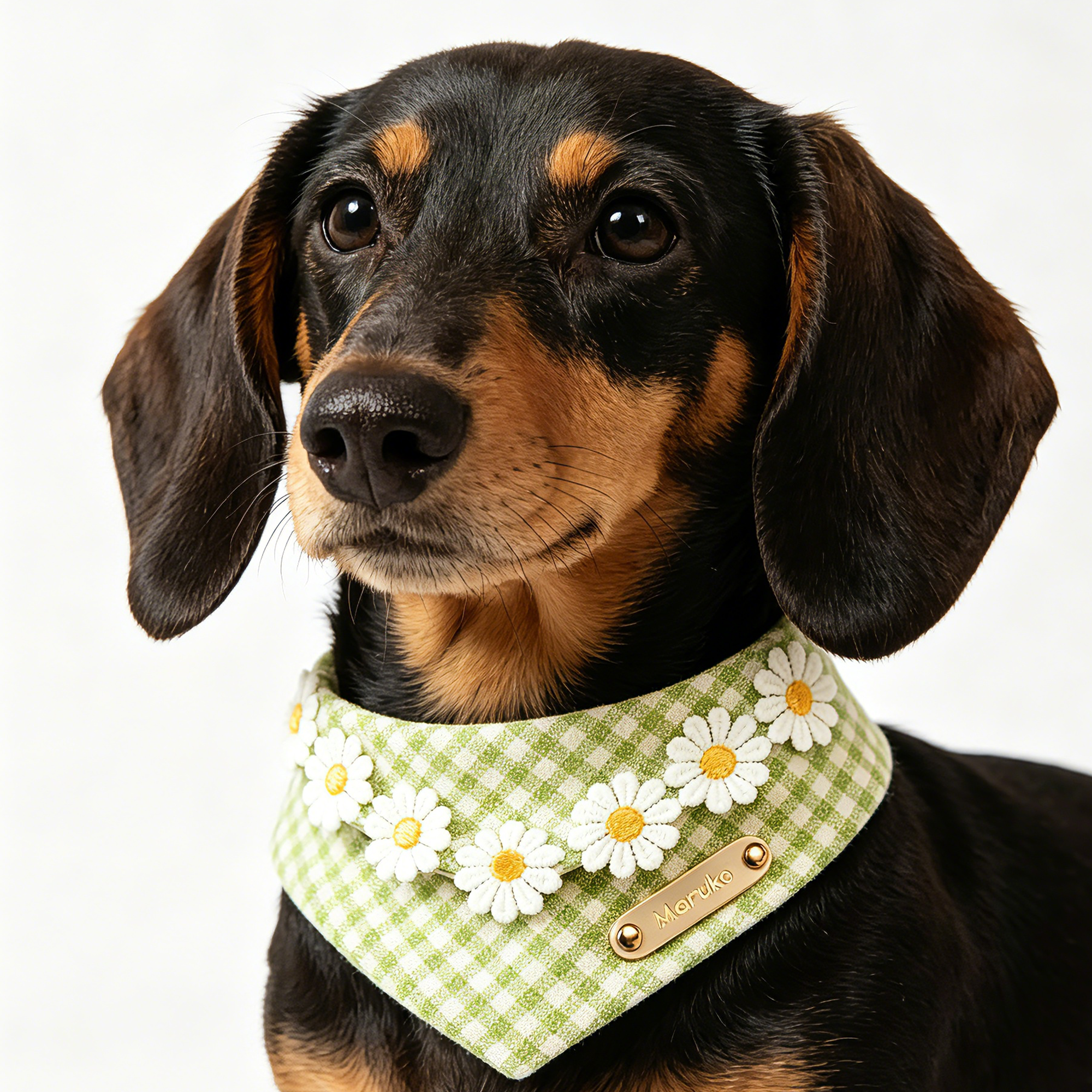 Dog wearing a green checkered bandana with floral patterns on a white background