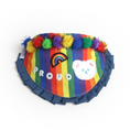 Load image into Gallery viewer, Personalized Pride pet bandana with rainbow stripes, multicolor pom-poms, denim ruffle, and embroidered "PROUD" text

