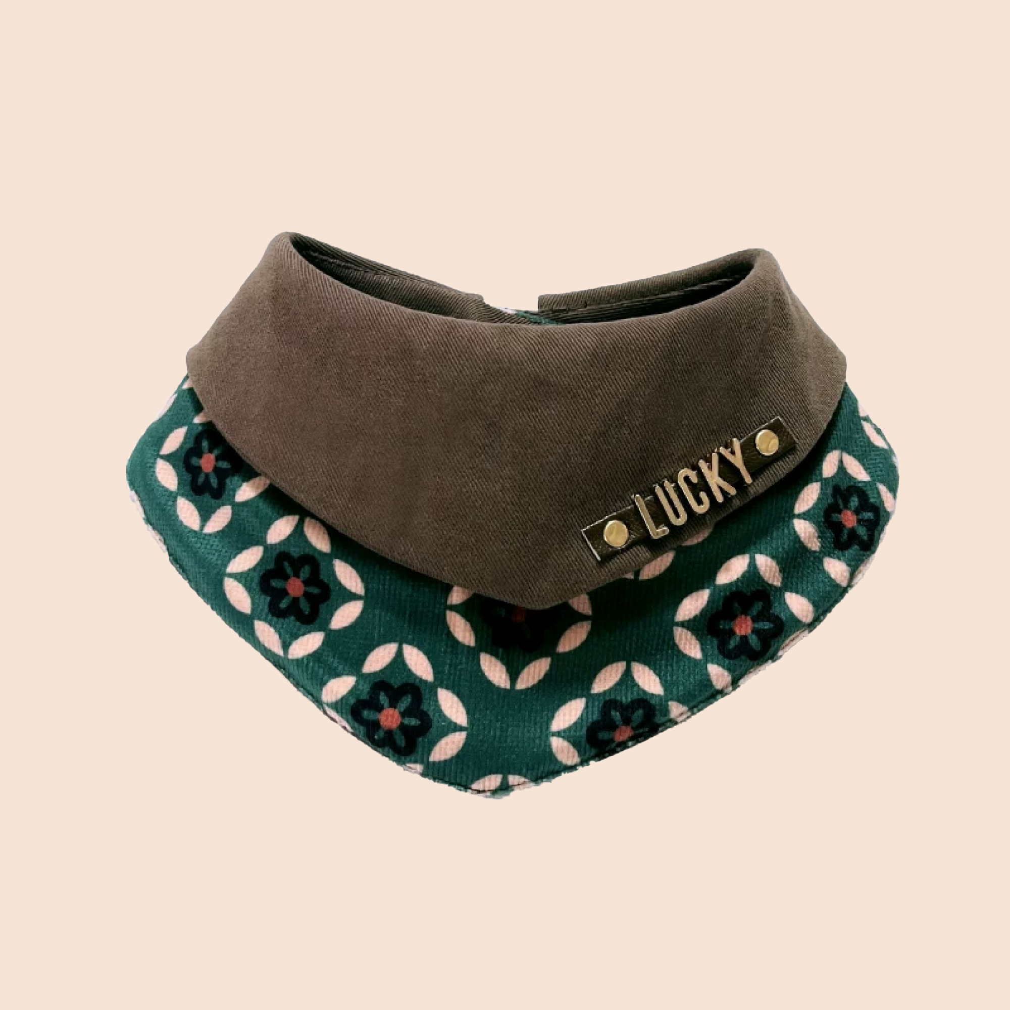 Personalized retro floral pet bandana with brown corduroy and custom gold metal name letters