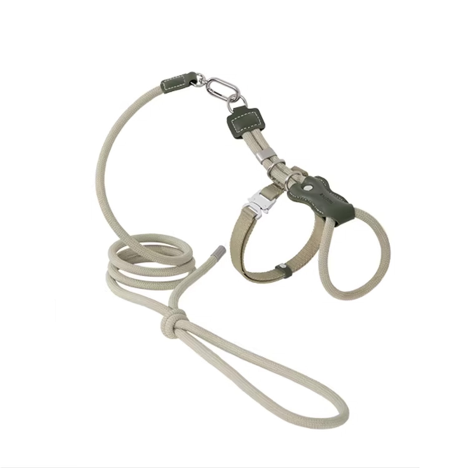 Pink lightweight adjustable cat harness and matching soft rope leash flat lay on white background