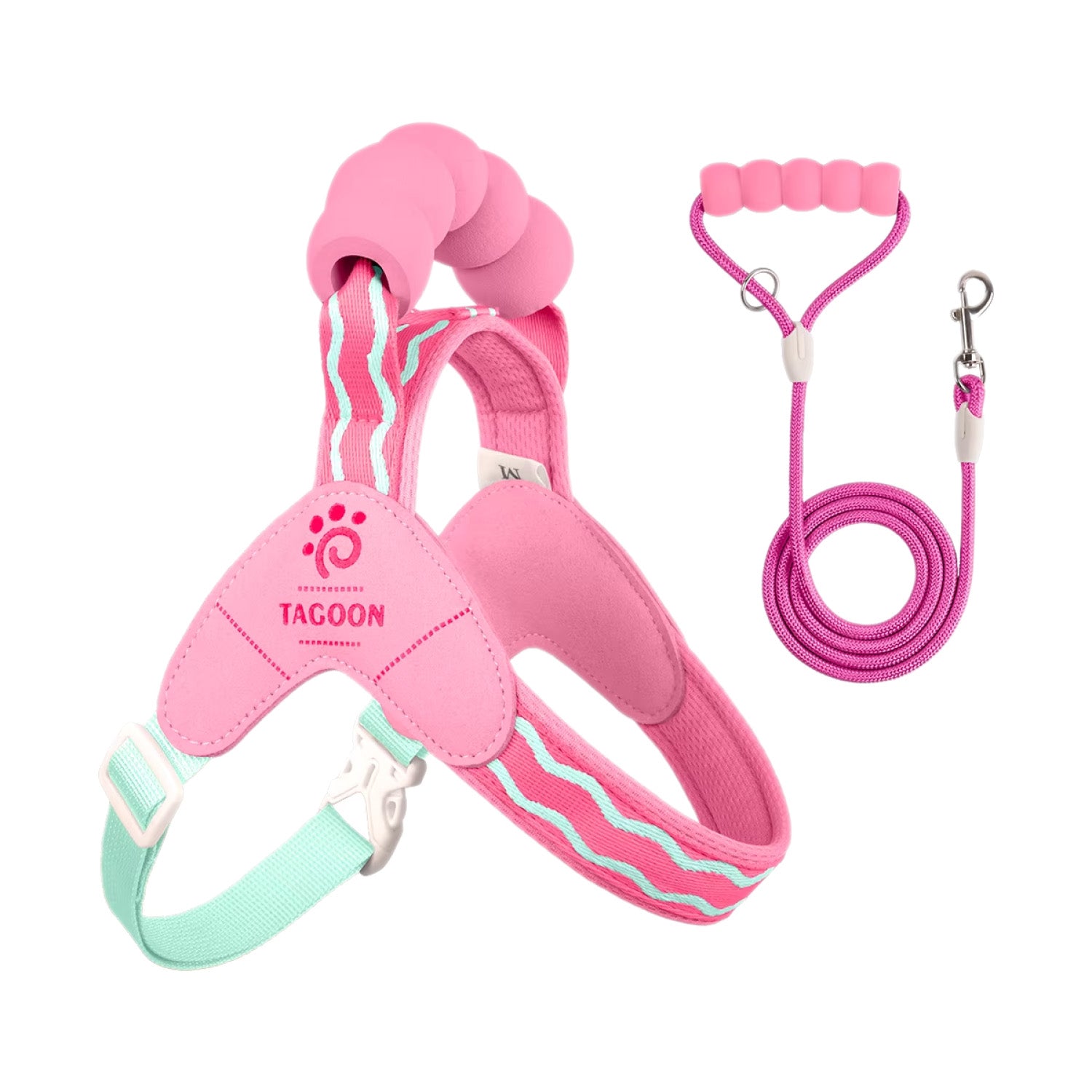 Pink adjustable soft mesh dog harness and leash set on white background
