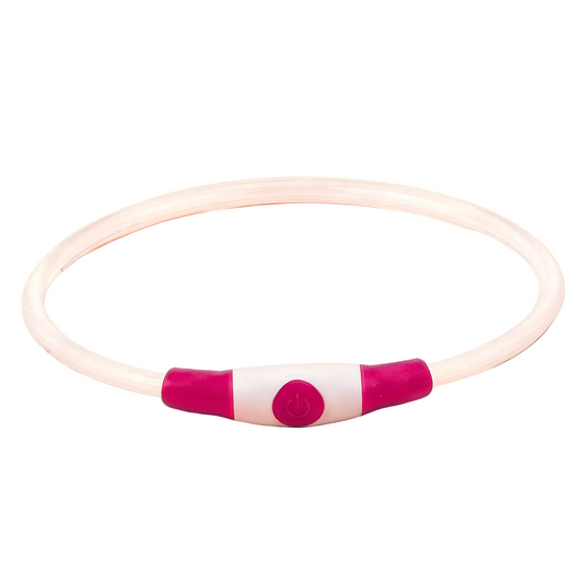 USB Rechargeable LED Pet Collar in pink - glowing safety collar for dogs and cats at night | GraviPaw