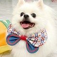 Load image into Gallery viewer, White Pomeranian dog wearing cherry print oversized bow collar bandana with denim and red trim detail indoors
