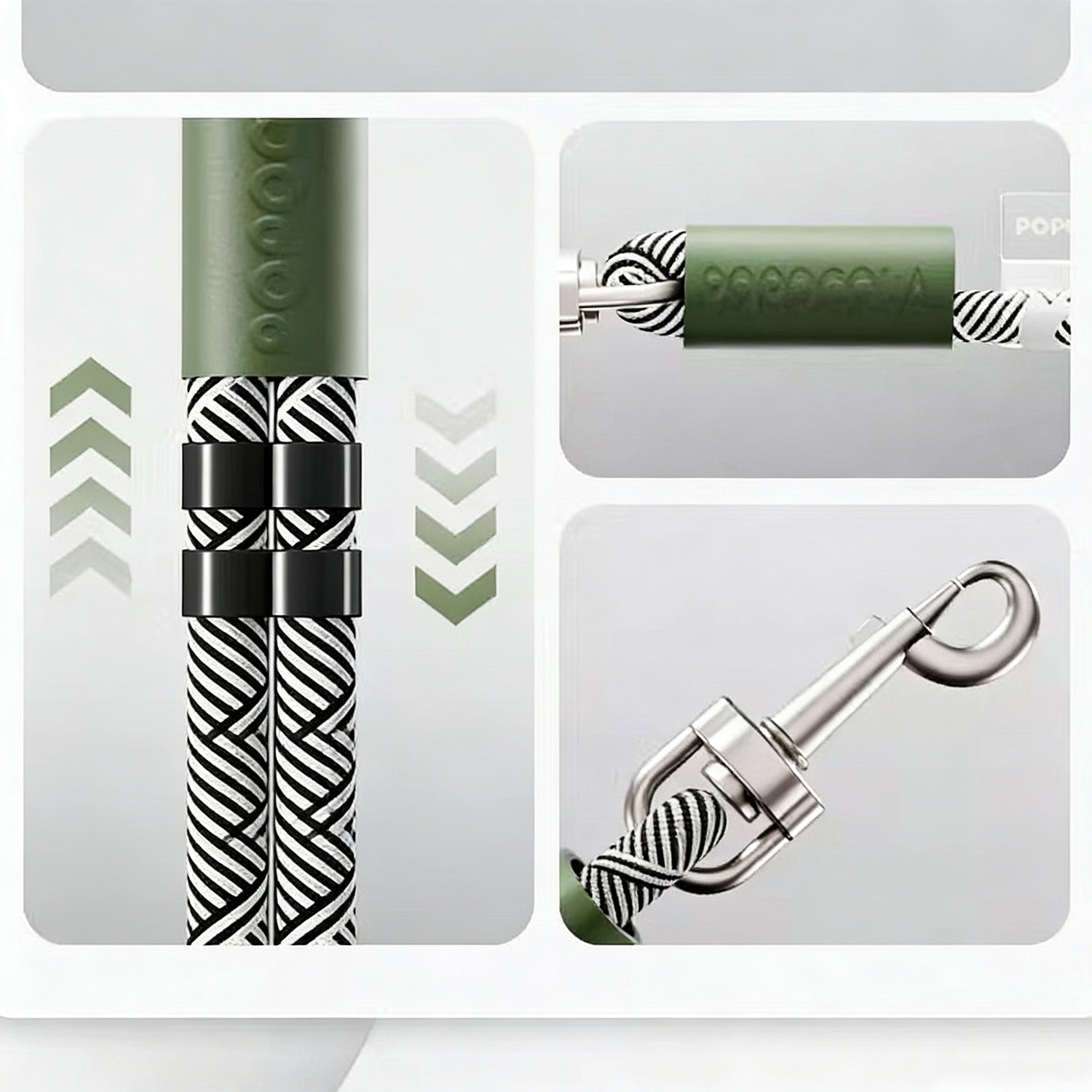 Product feature collage of green rope puppy leash with handle and clip details