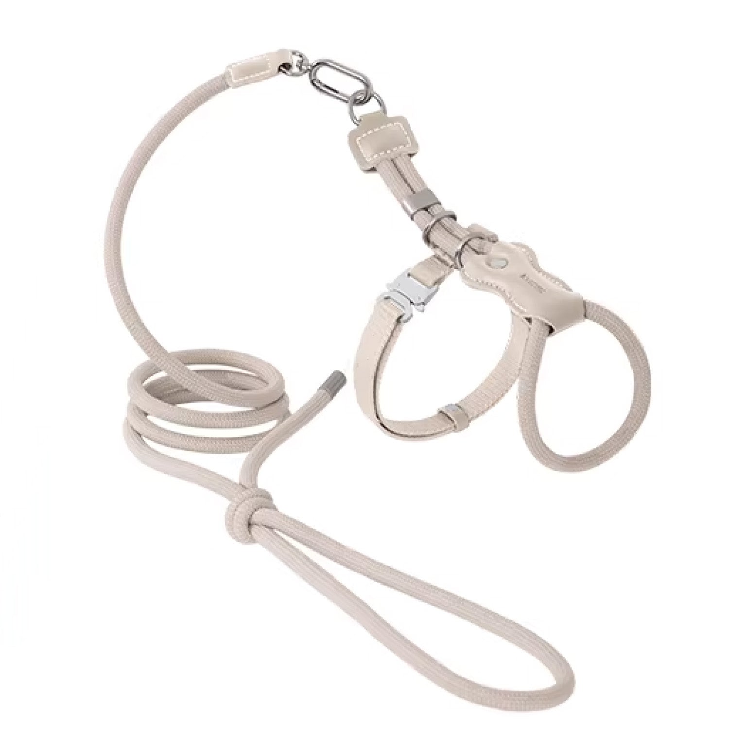 Purple lightweight cat harness and soft rope leash set flat lay showing adjustable straps and metal hardware