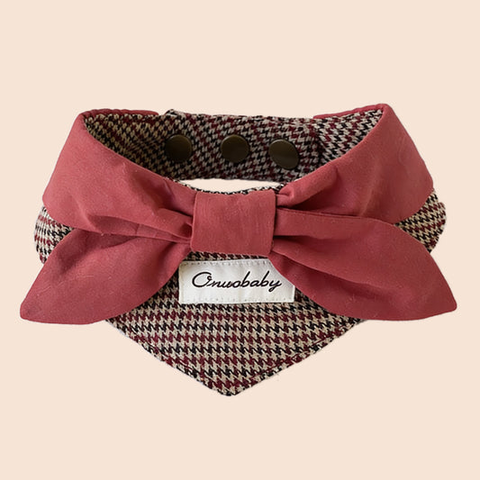Red bow houndstooth pet bandana collar with classic check pattern and statement bow for cats and dogs