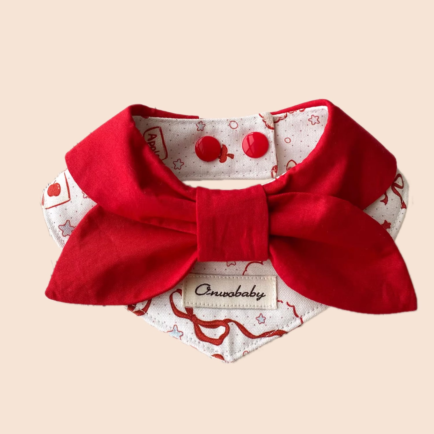 Red bow pet bandana collar with bold red bow and printed cotton fabric for cats and dogs