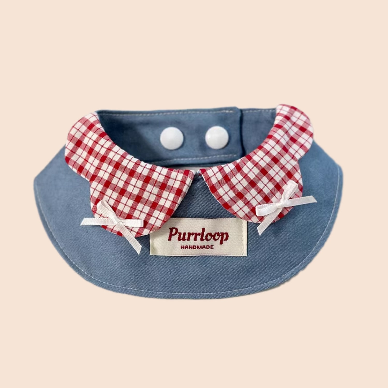 Red gingham check pet bandana collar with denim blue base and bow details for cats and dogs