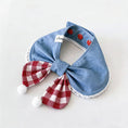 Load image into Gallery viewer, Blue denim pet collar with red gingham bow and white pom-pom detail
