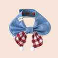 Load image into Gallery viewer, Red gingham bow pet bandana collar with blue denim and white pom-poms for cats and dogs
