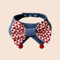 Load image into Gallery viewer, Red white diamond pattern bow tie pet collar with denim base and pom-poms for cats and dogs
