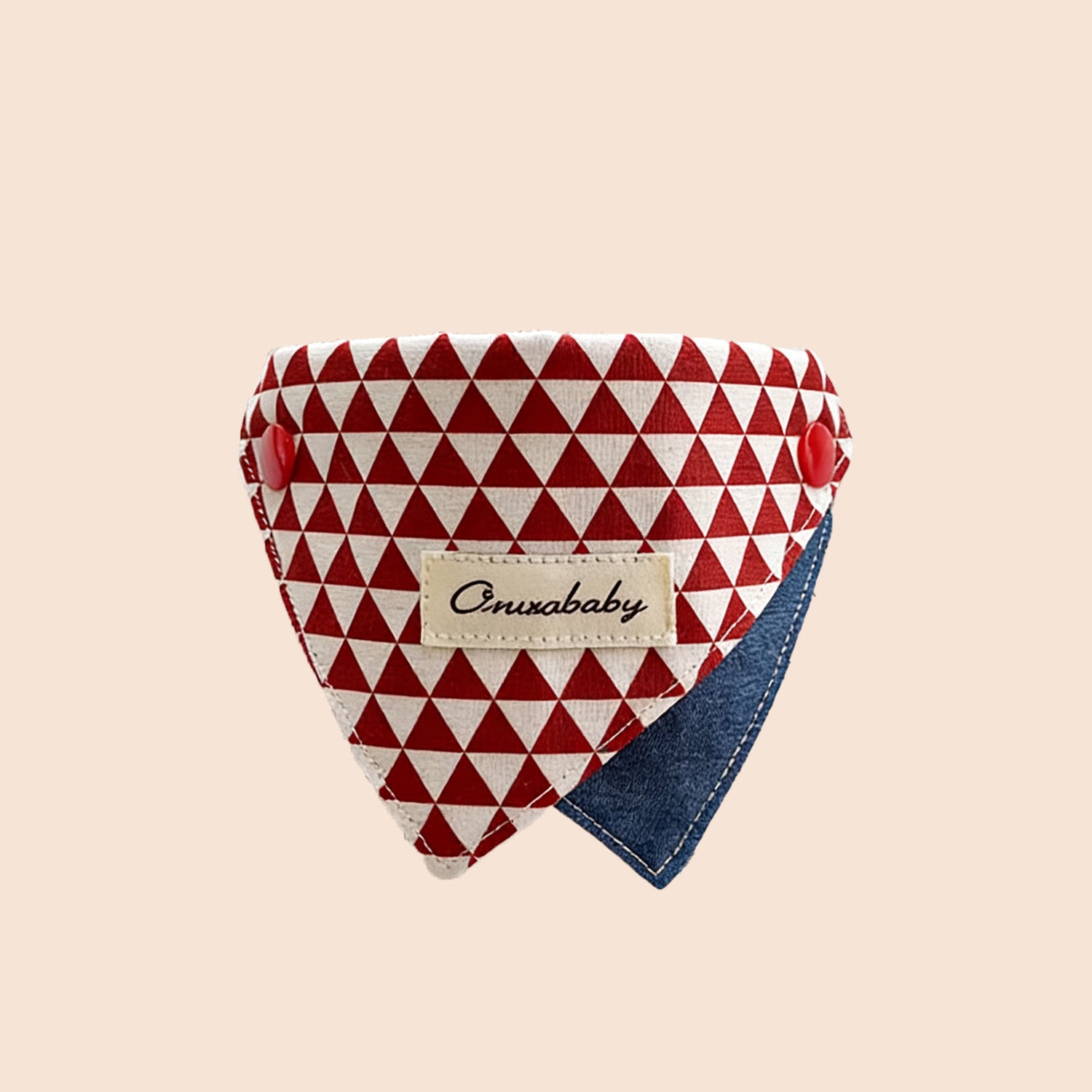 Red and white diamond pattern pet bandana collar with triangle shape and denim base for cats and dogs