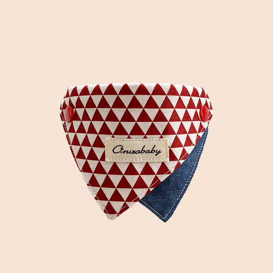 Red and white diamond pattern pet bandana collar with triangle shape and denim base for cats and dogs