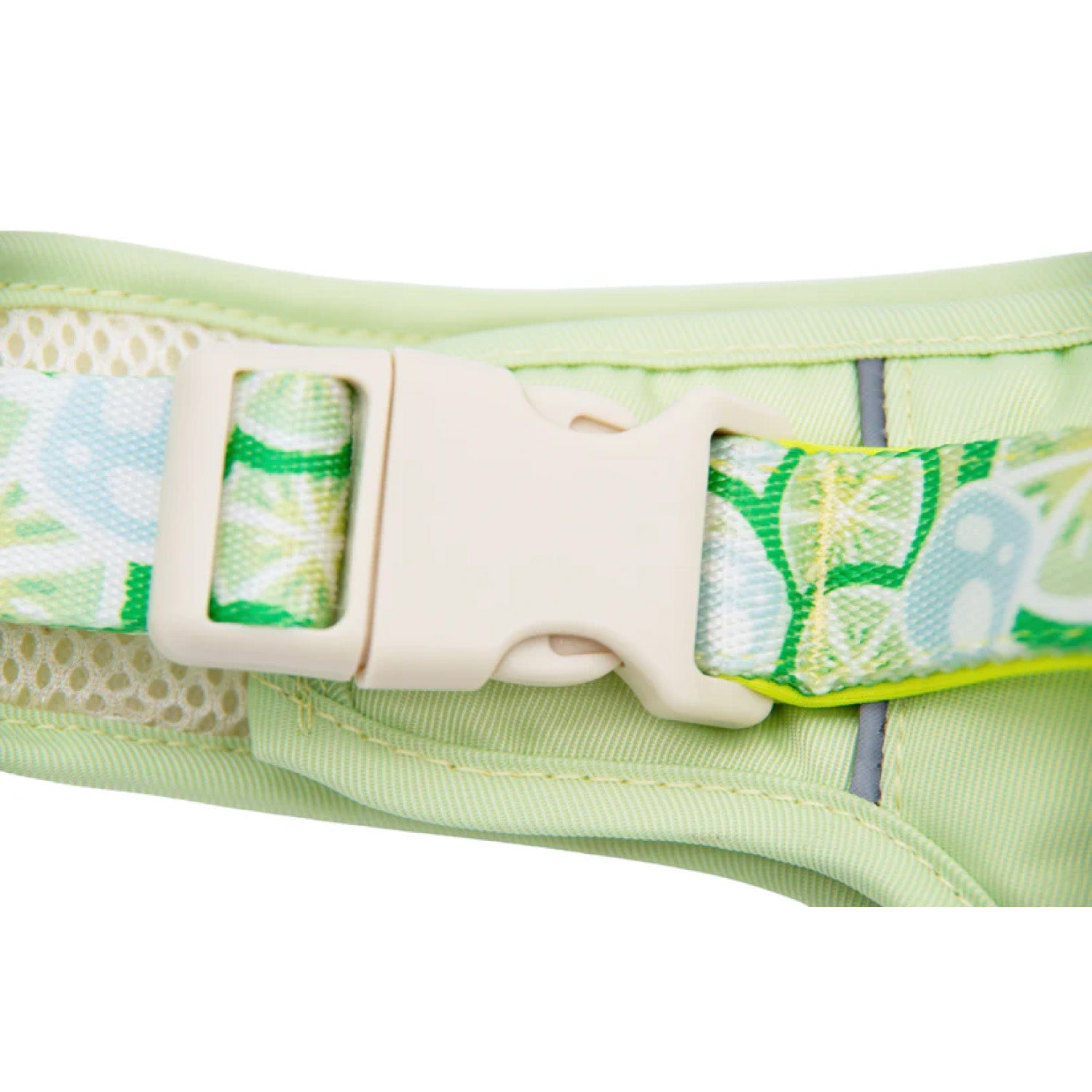 Close-up of quick-release buckle and reflective strip on lemon green dog harness