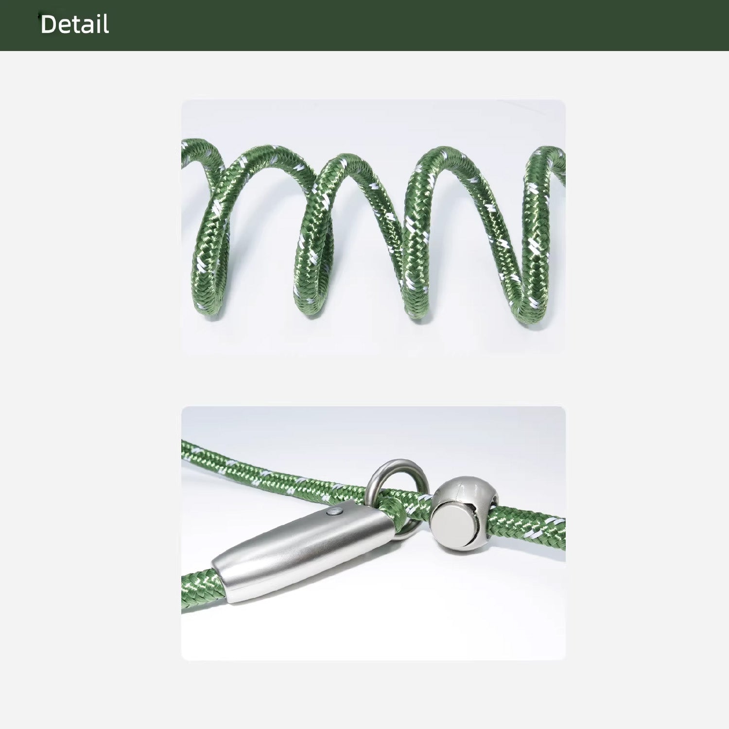 Close-up detail of reflective climbing-grade nylon rope and zinc alloy hardware