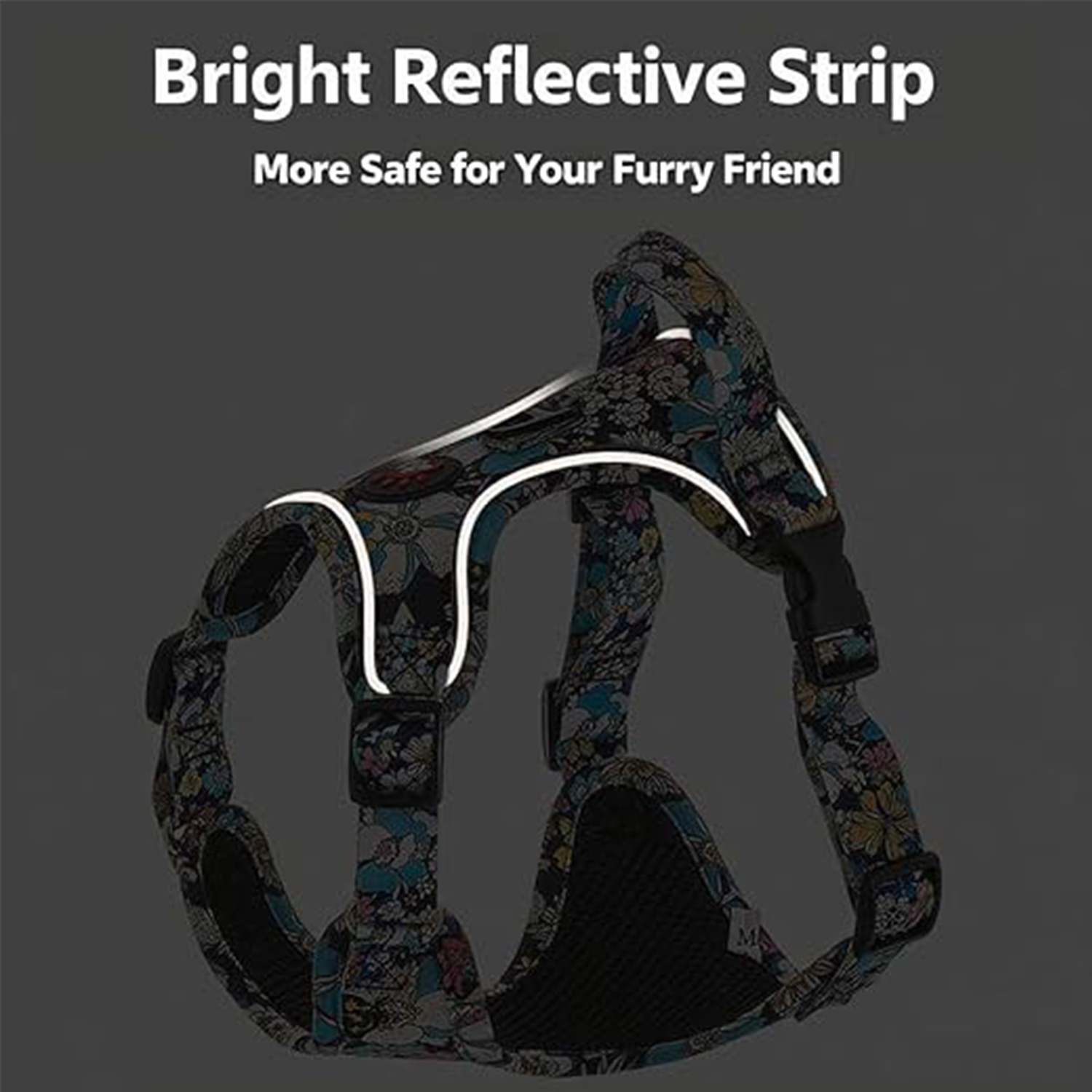 Bright reflective strip night visibility demo on floral dog harness